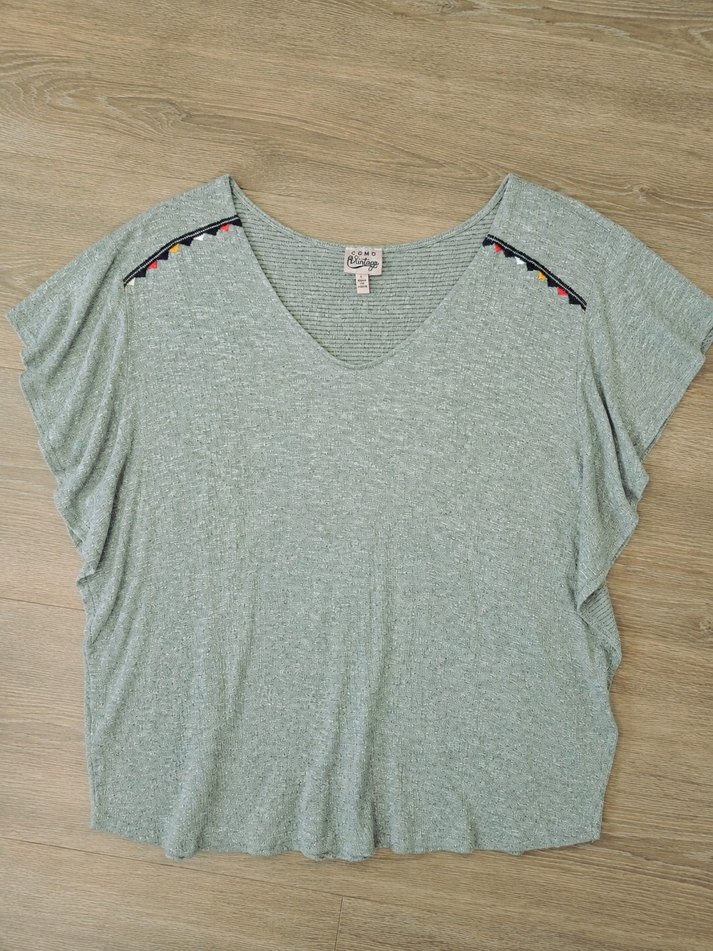 Como Vintage Sage Green V-Neck Top with Embroidered Shoulder Detail - Large
